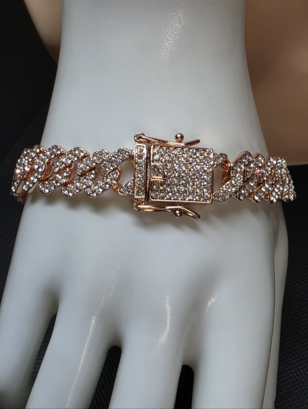 Rose Gold Tone Iced Out Cuban Link Bracelet 7.5" NWOT